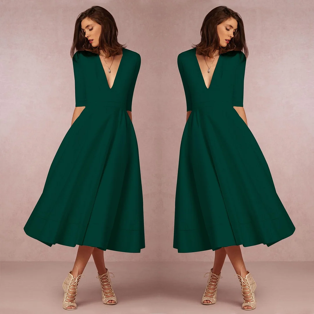 Gathered Half Sleeve A-Line Cocktail Midi Dress