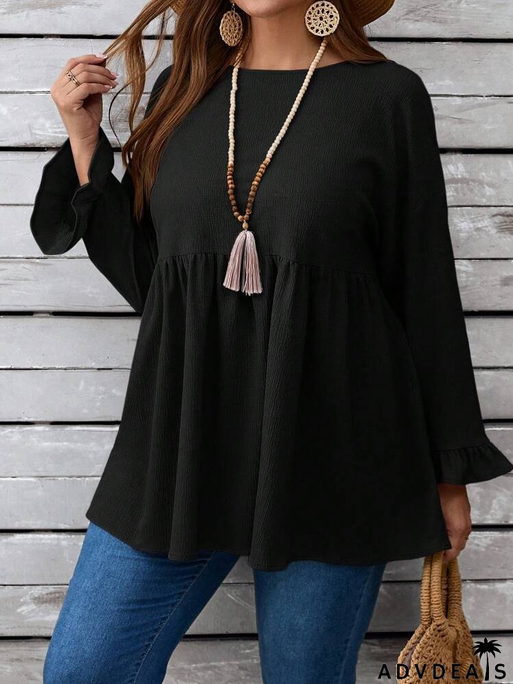 Plus Size Women's Spring/Summer Solid Color Round Neck Long Sleeve Loose Cute Blouse