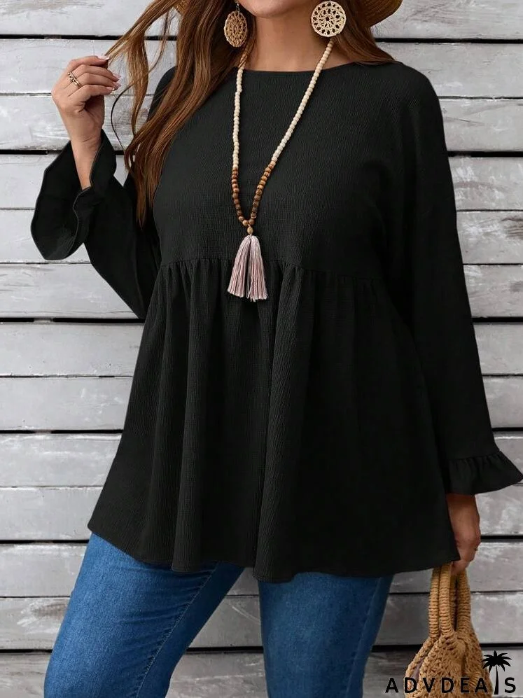 Plus Size Women's Spring/Summer Solid Color Round Neck Long Sleeve Loose Cute Blouse