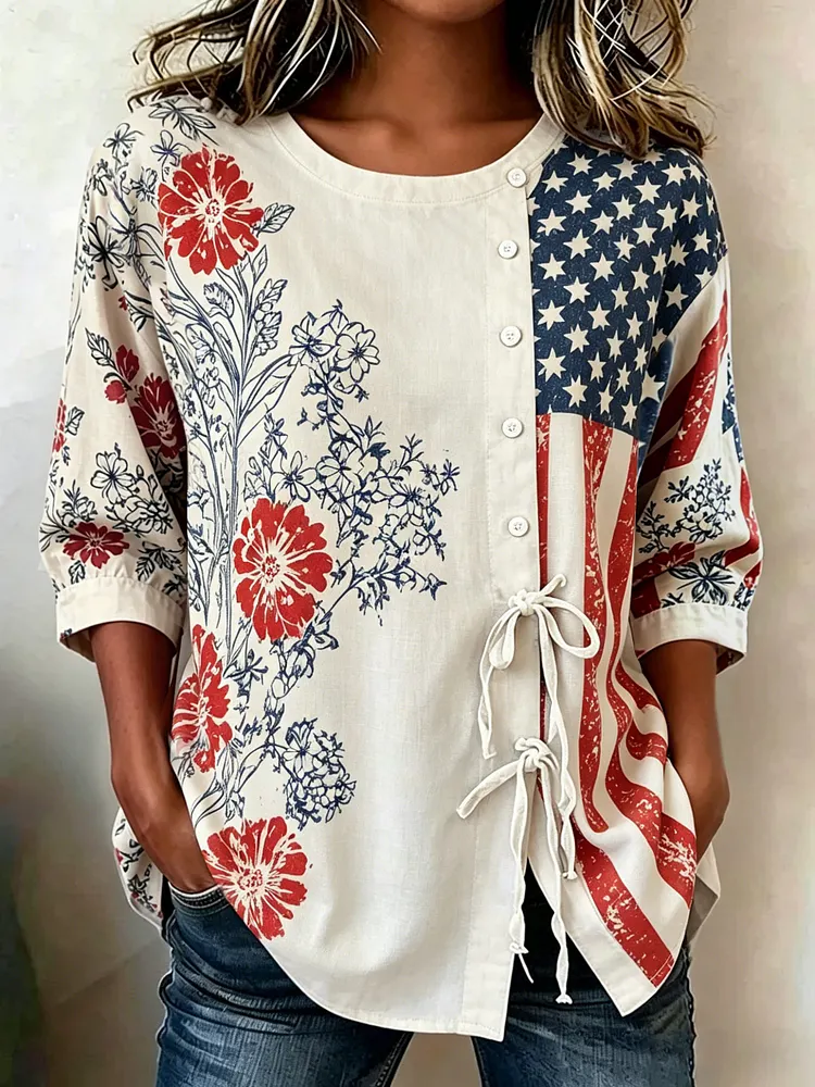 Women's Cotton Linen Floral Floral 250th Anniversary Digital Print Top 