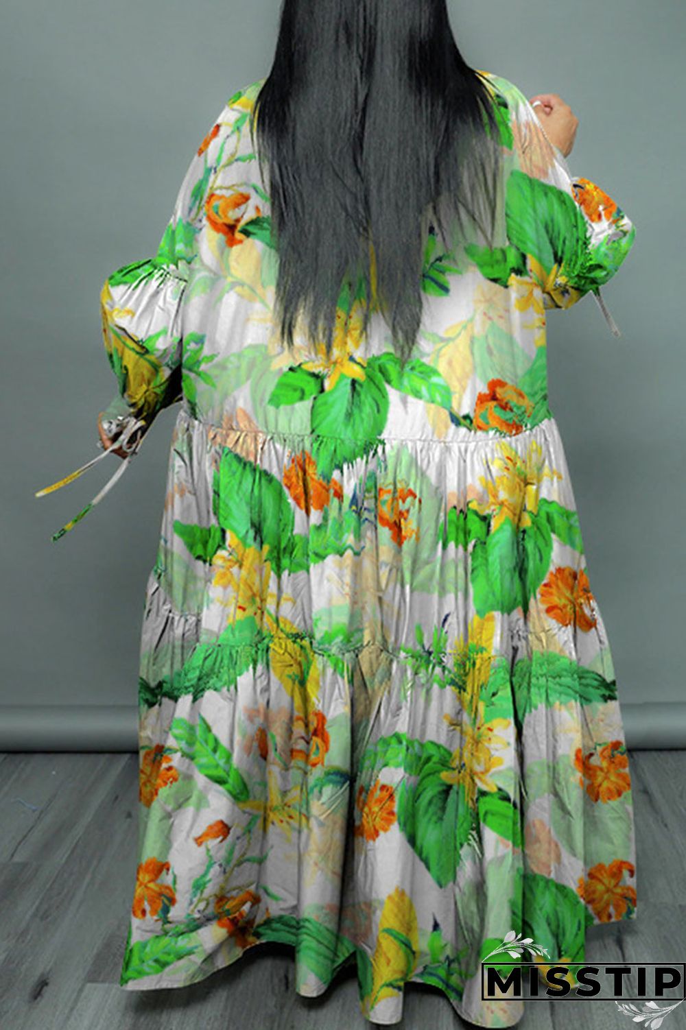 Cyan Casual Print Patchwork Buckle Fold Turndown Collar Long Dress Plus Size Dresses