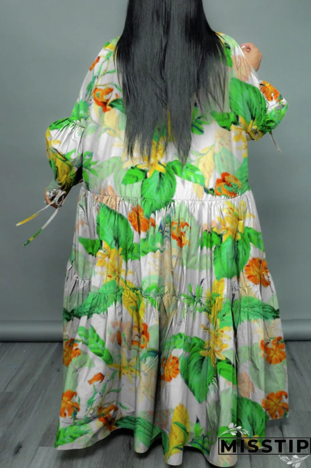 Cyan Casual Print Patchwork Buckle Fold Turndown Collar Long Dress Plus Size Dresses