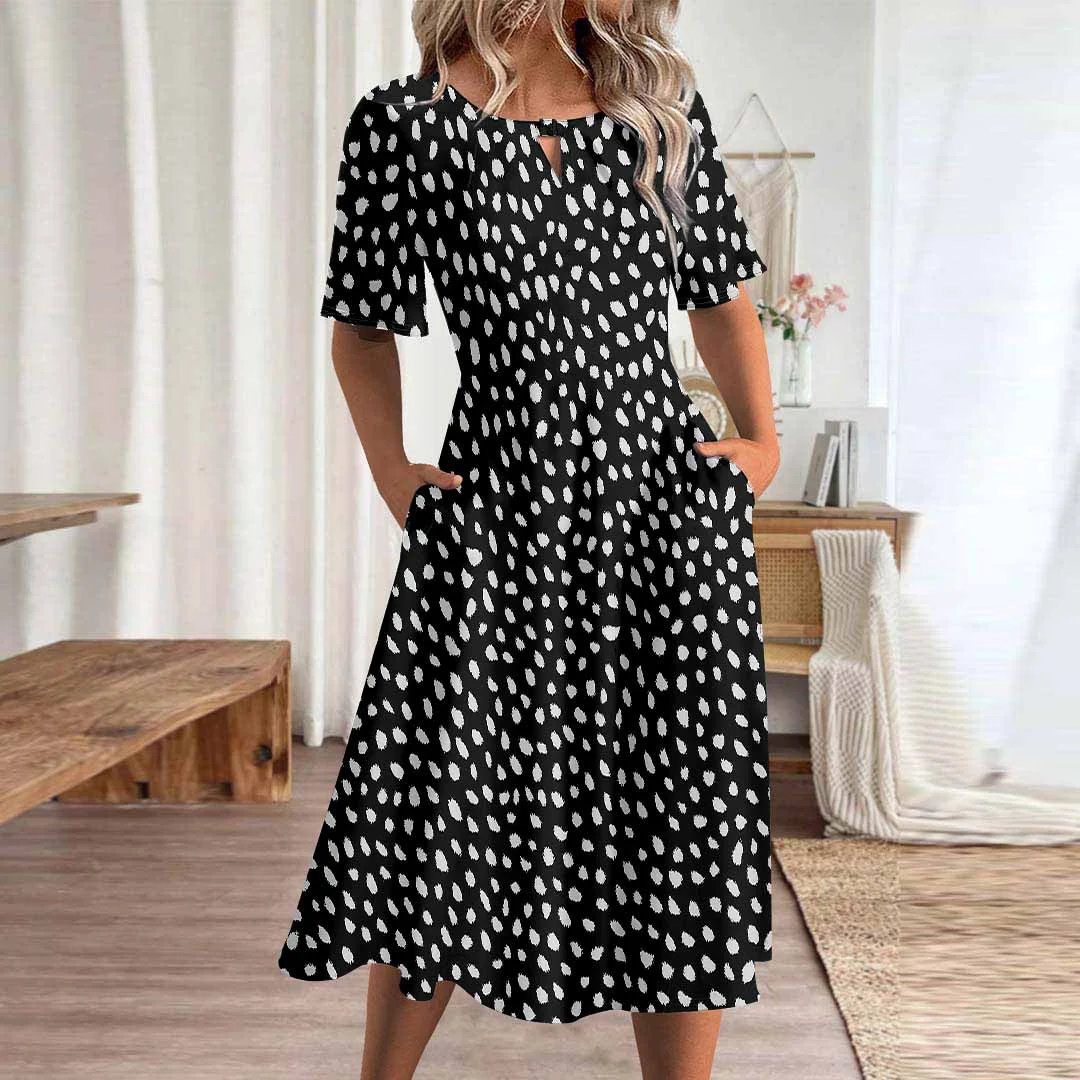 Women Polka Dot,Black DZHA8151 Short Sleeve Scoop Neck Graphic Printed Hollow Midi Dress