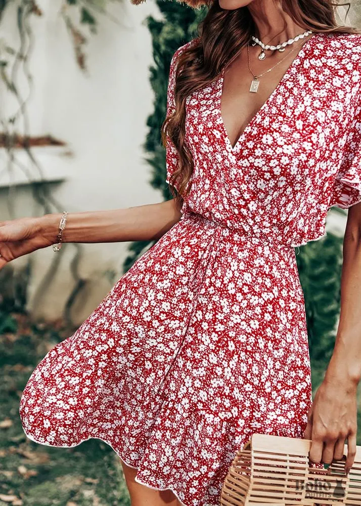 Red Boho Floral Mini Dress Esme