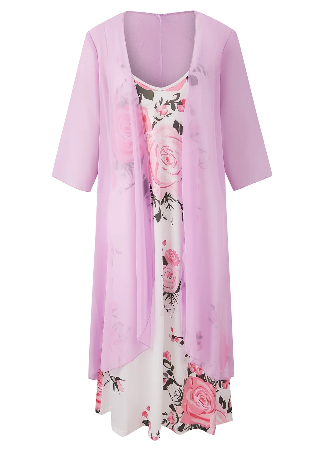 Style & Comfort for Mature Women Women Long Sleeve V-neck Floral Printed Two-Piece Midi Dress