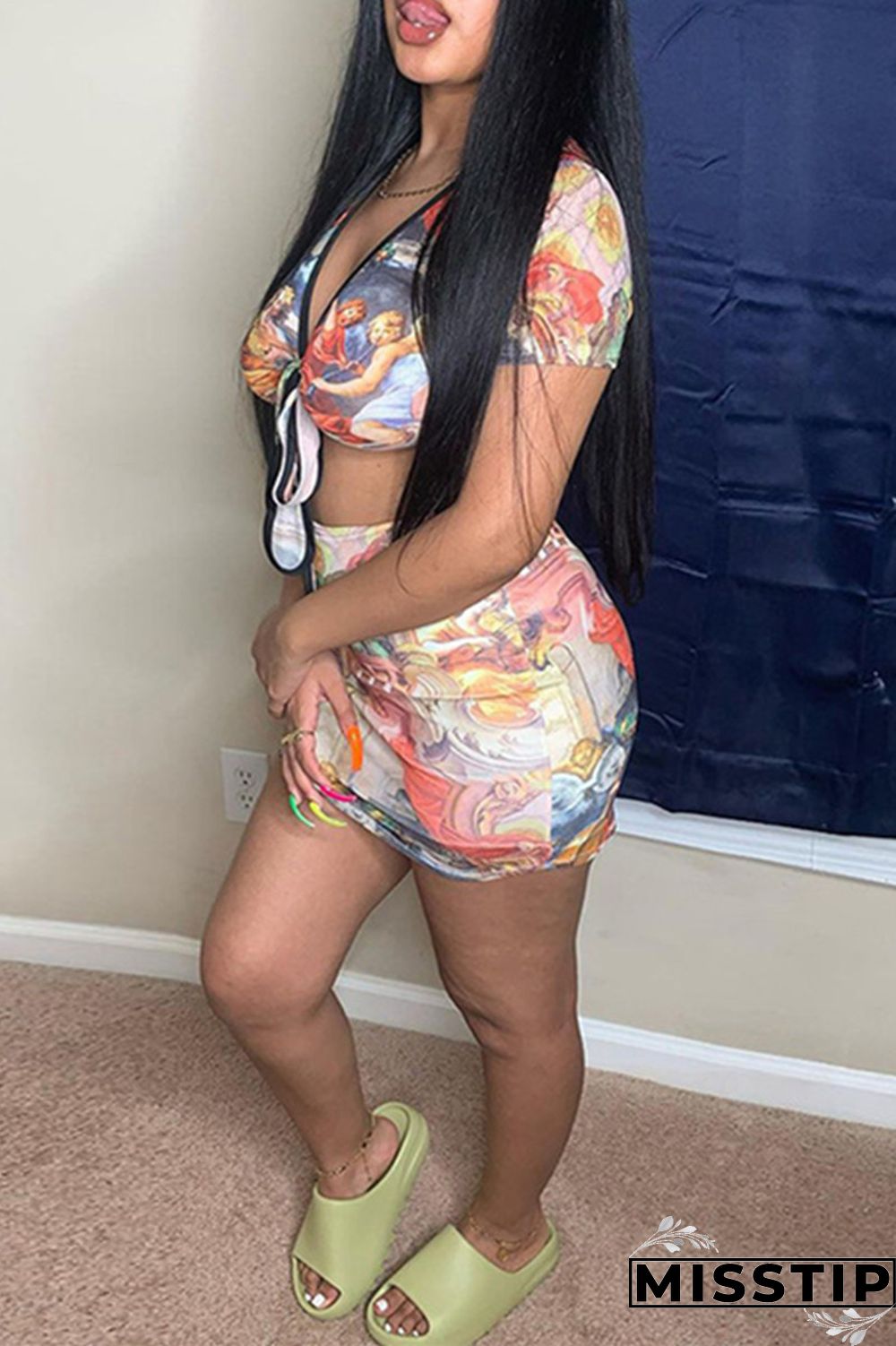 Colour Fashion Sexy Print Bandage V Neck Short Sleeve Two Pieces