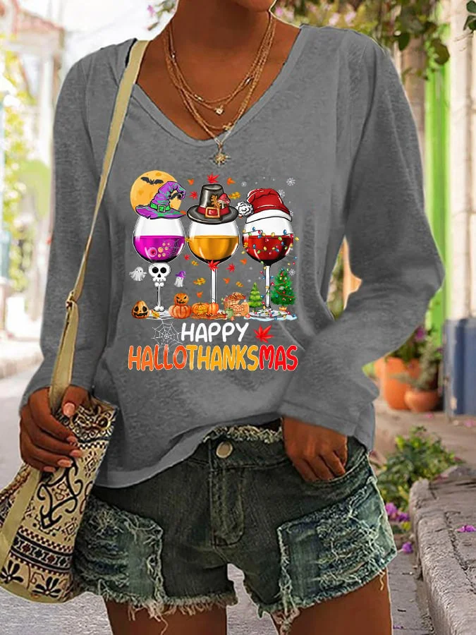 Women Happy Hallothanksmas Wine Print Long Sleeve V-Neck T-Shirt socialshop