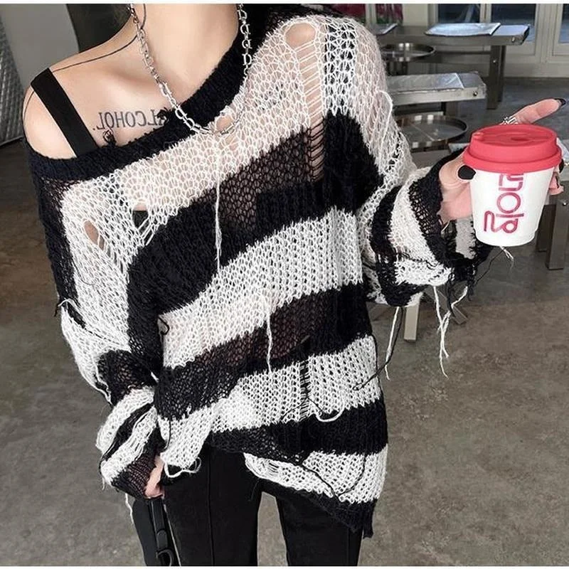 Thanksgiving Day Gifts Women Drunge Style O Neck Thin Hollow Out Sweaters Striped Loose Harajuku Korean Gothic Fashion Sweater Casual Knitted Top Goth