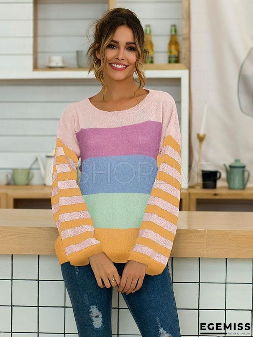 Striped Color-block Split-joint Knitting Sweater | EGEMISS