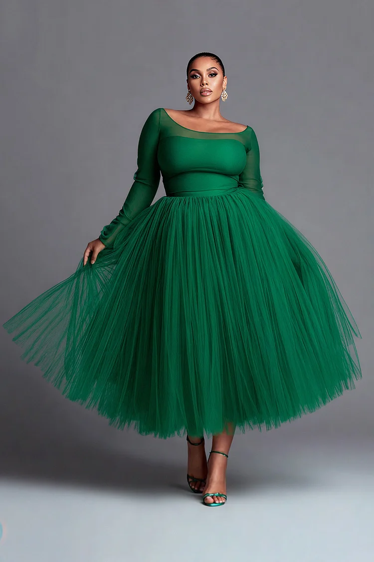 Xpluswear Design Plus Size Christmas Green Long Sleeve Contrast Elegant Tulle Midi Dresses [Pre-Order]