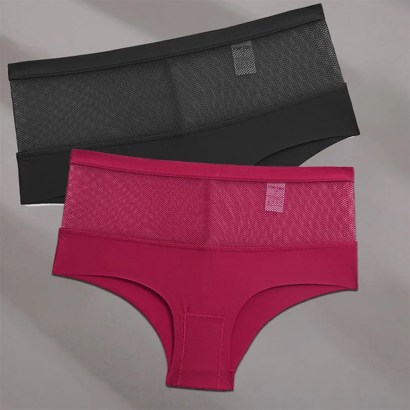 FINETOO 2PCS/Set Seamless Mesh Women Pantys Girls Thongs High Waisted Woman Brief Fashion M-XL Sexy Underpants Lingerie Panties