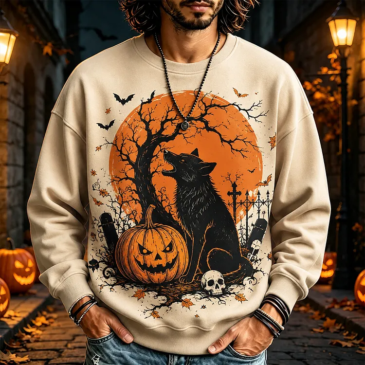 Men's Casual Crewneck Sweatshirt In Off-white With Howling Wolf, Jack-o'-lantern Pumpkin, Skull, And Full Moon Print