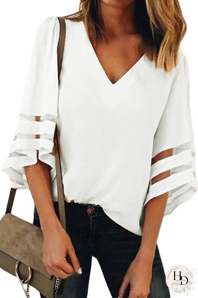 White Flare Sleeve V Neck Sheer Insert Blouse