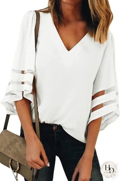 White Flare Sleeve V Neck Sheer Insert Blouse