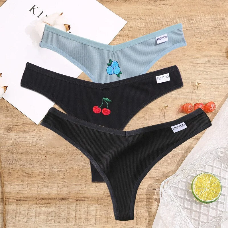 FINETOO 2/3PCS Women Lingerie Fruit Embroidery Panties G-string Sexy Low Rise Cotton Thongs Girl Underwear V-Waist Female Pantys