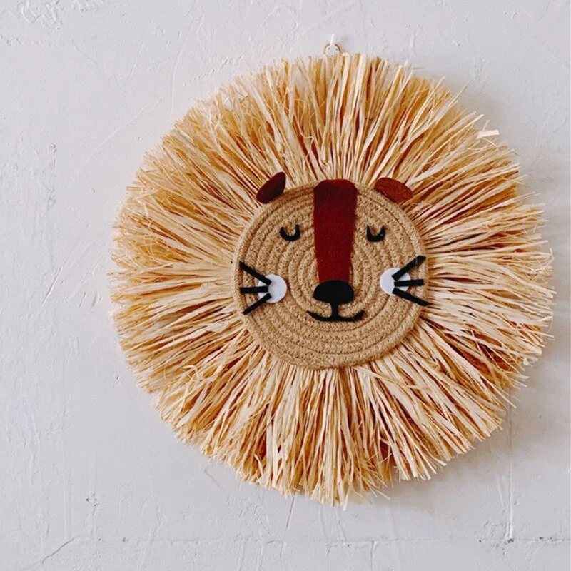 INS Noridc Hand Woven Straw Lion Tiger Wall Hanging Decor Cartoon Animal Ornaments For Baby Bed Kids Room Decoration Photo Props