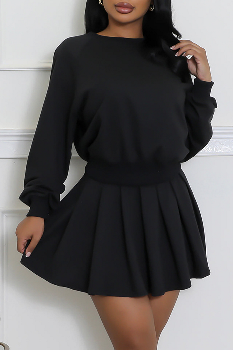 Solid Color Long Sleeve Sweatshirt Pleated Mini Skirt 2pcs Set-Black