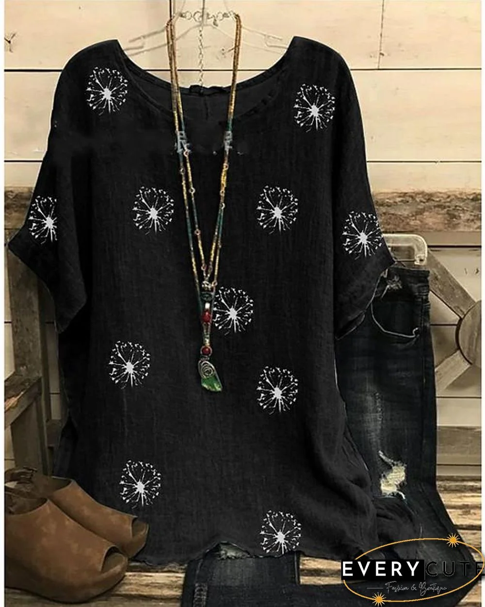 Women's Plus Size Blouse Shirt Floral Holiday Flower Print Round Neck Tops Loose Boho Basic Top Black Wine Green / Sunflower-824
