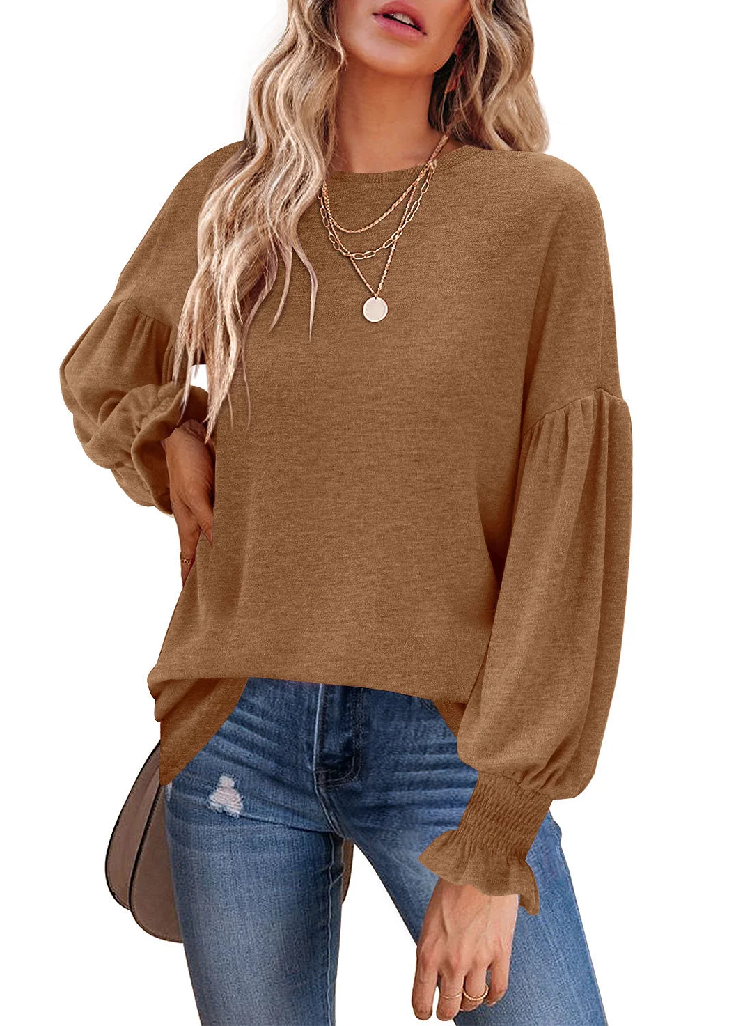 MIHOLL Womens Long Sleeve Top Crew Neck Ruffle Lantern Sleeve Casual Loose Blouse T Shirts