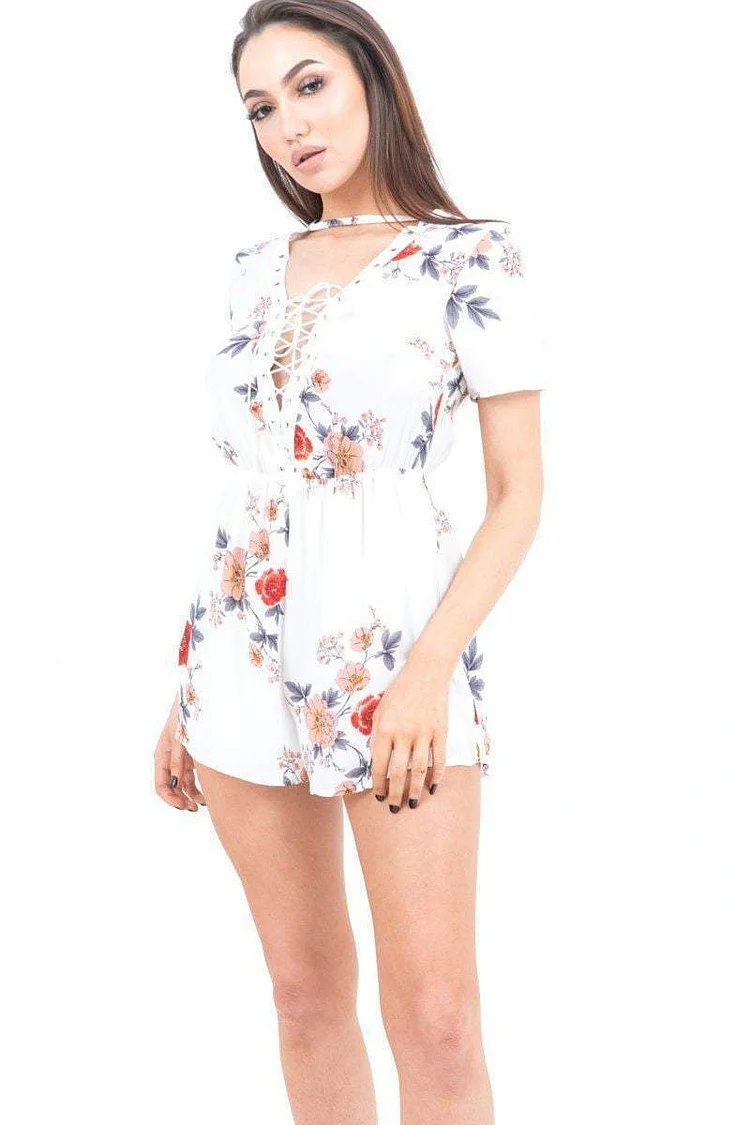 White Floral Plunge Lace Up Playsuit Katch Me