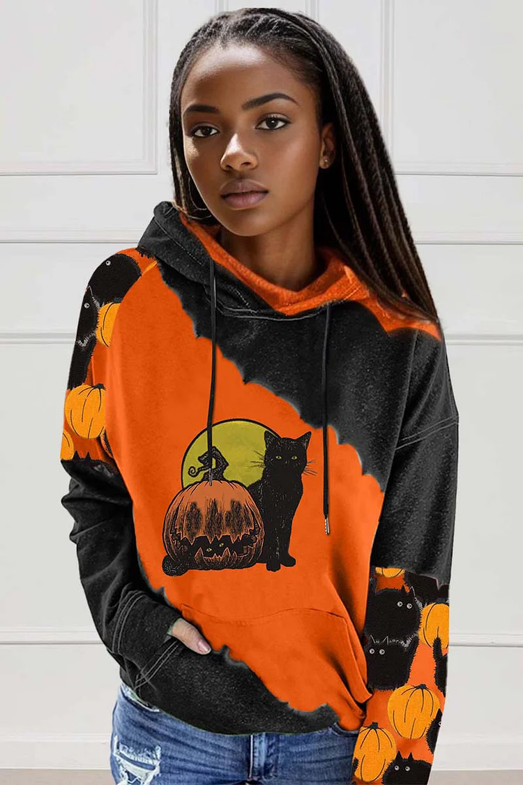 Pumpkin Cats Halloween Print Long Sleeve Pocket Hoodie