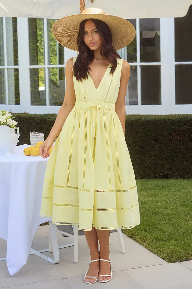 V Neck Tie Up Cinch Waist Ladder Trim Midi Tank Dresses-Yellow [Pre Order]