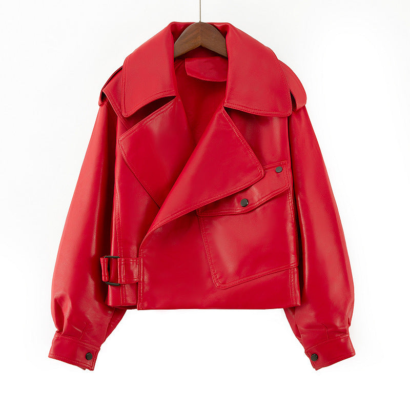 OLCooL 2024 Fall Fashion Long-sleeved Lapel Loose-fit Leather Jacket olcool