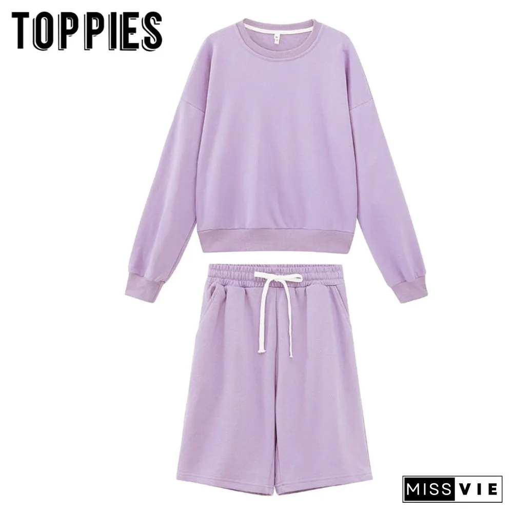 Toppies Women Two Piece Set Tracksuits O-Neck Sweatshirts Elastic High Waist Bermuda Solid