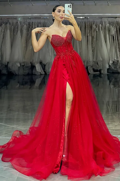 Daisda Red Sleeveless Strapless A-Line Long Beads Prom Dress