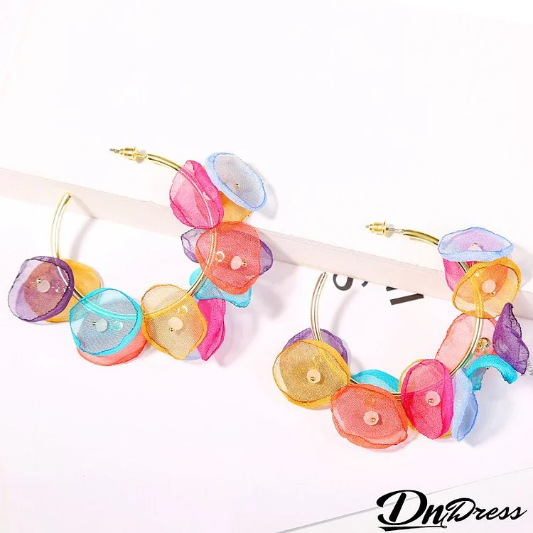 Women Fashion Geometric Beads Multicolor Lace Petal Hoop Earrings