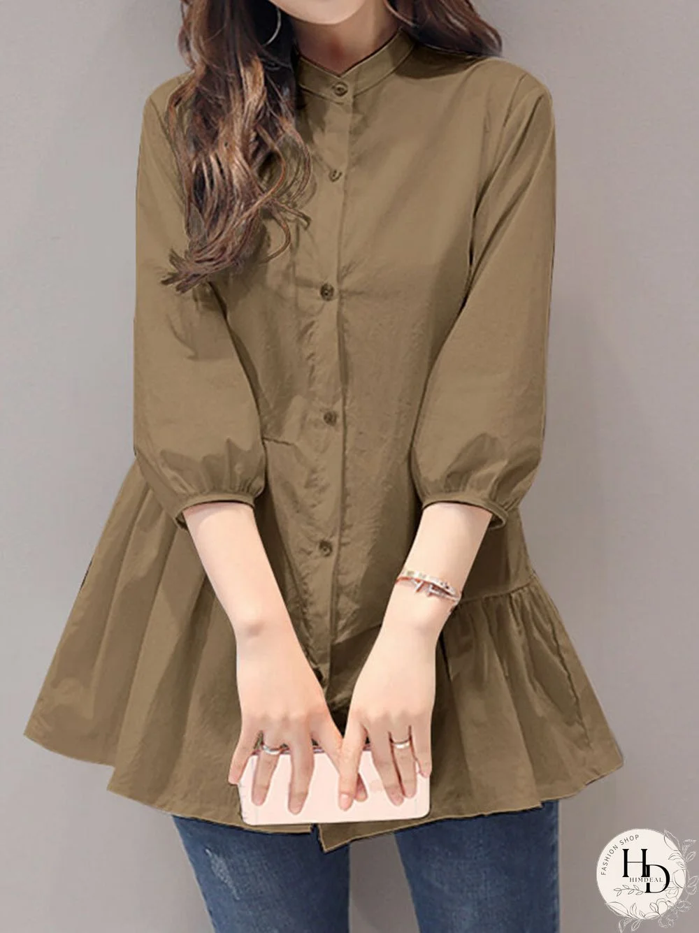 Solid Button Front A-line Stand Collar 3/4 Sleeve Blouse