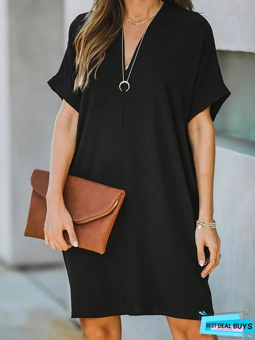 Women's Shift Dress Knee Length Dress Short Sleeve Solid Color Patchwork Fall Summer Hot Streetwear Oversized Black Wine Black Dresses