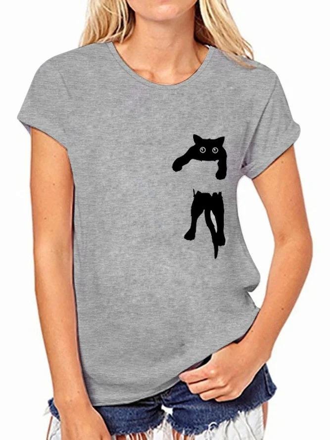 Women Summer Casual Cat Printed Short Sleeve Cotton Crew Neck Plus size T-Shirts & Tops