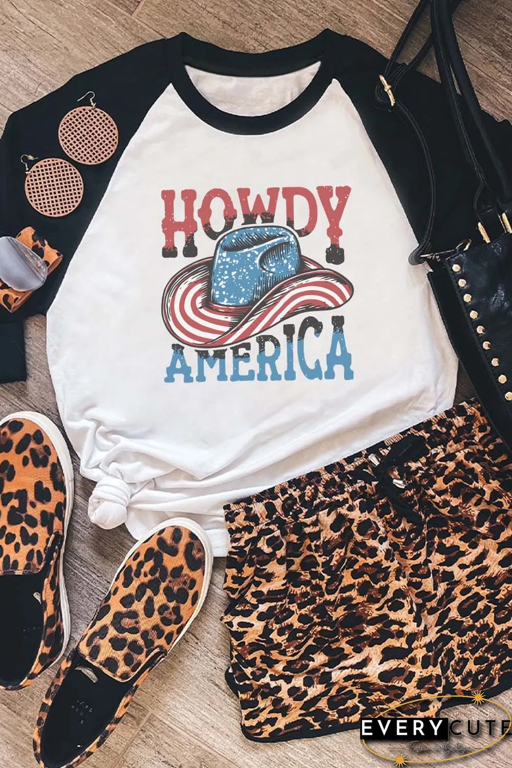 Black HOWDY AMERICA Cowboy Hat Graphic Raglan Long Sleeve Tee