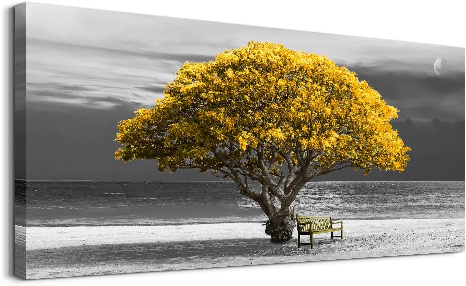 wall art for living room Decorations Photo Prints - panoramic black and white with yellow trees The moon scenery - Modern Home Decor The room Stretched and Framed Ready to Hang artwork 30X60inches 30inchx60inch(75cmx150cm)