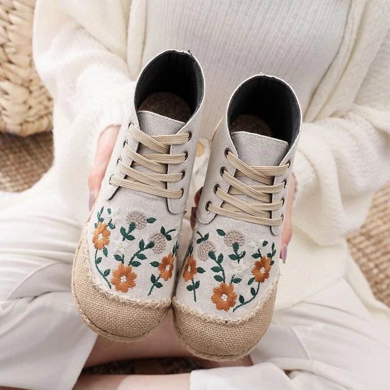 Veowalk Daisy Embroidered Women Linen Cotton High Top Lace Up Espadrilles Sneakers Ladies Comfortable Casual Flat Booties Shoes