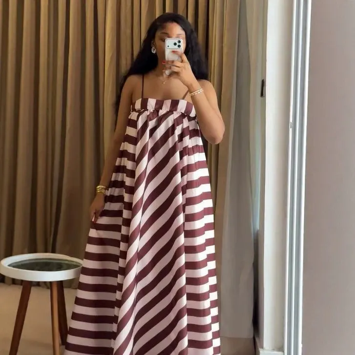 Diagonal Stripe Off Shoulder Spaghetti Strap Maxi Dress Loose Flowy Casual Campus Daily Dress