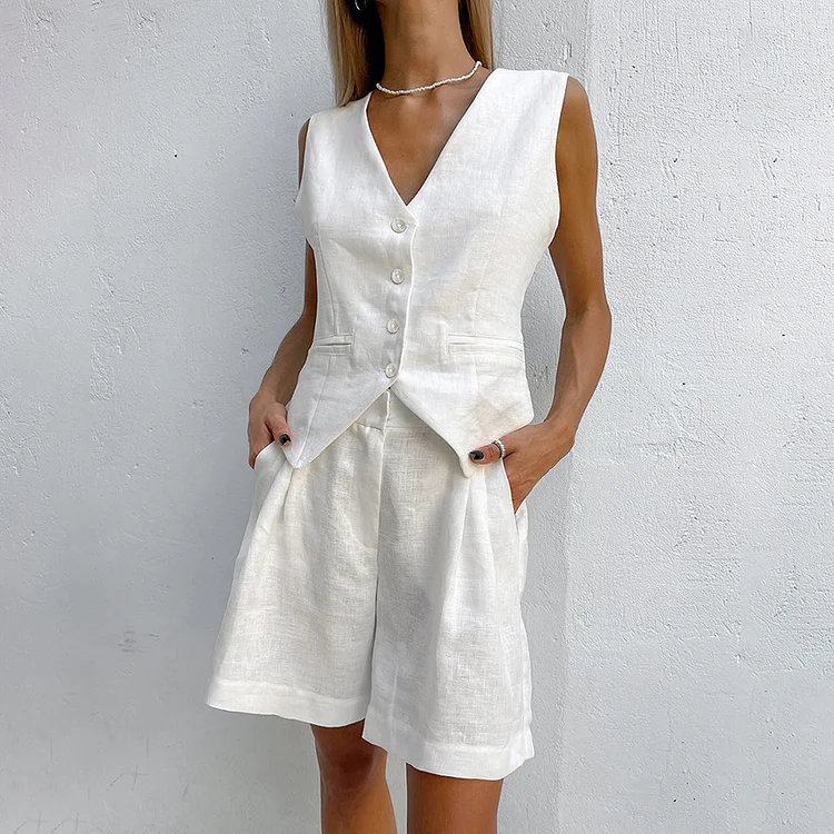 Casual Cotton Linen Sleeveless Vest and Shorts Suits