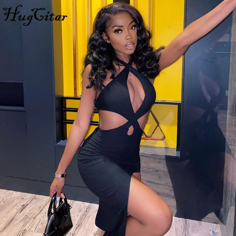 Hugcitar 2021 Solid Sleeveless Hollow Out Halter Ruched Sexy Asymmetrical Mini Dress Summer Autumn Women Fashion Streetwear