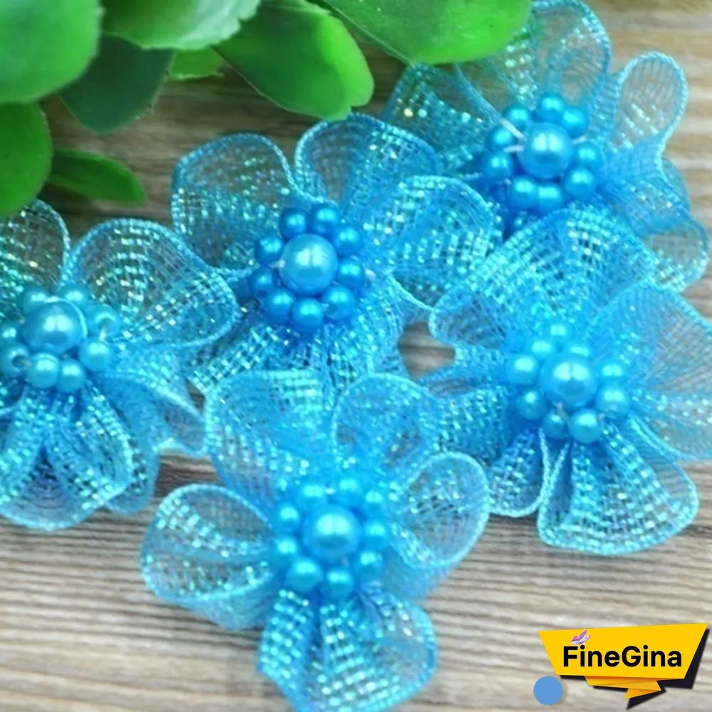 Hot 20Pcs Organza Ribbon Flowers Bows With Beads Appliques Wedding Craft DIY Christmas/Wedding Decoration