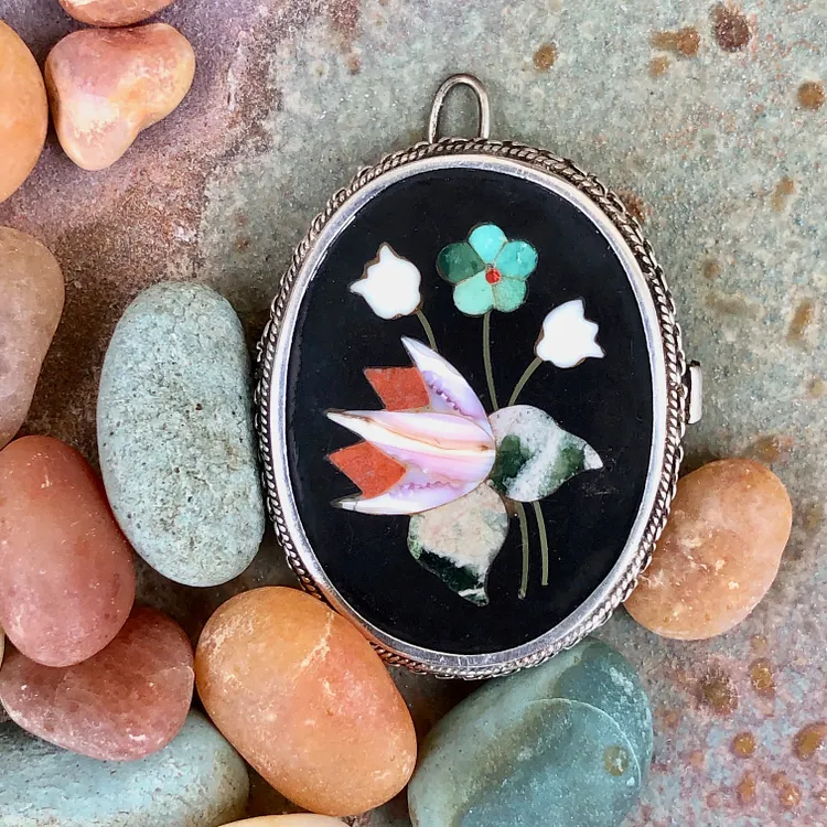 Antique Pietra Dura Brooch Pendant in 900 Silver