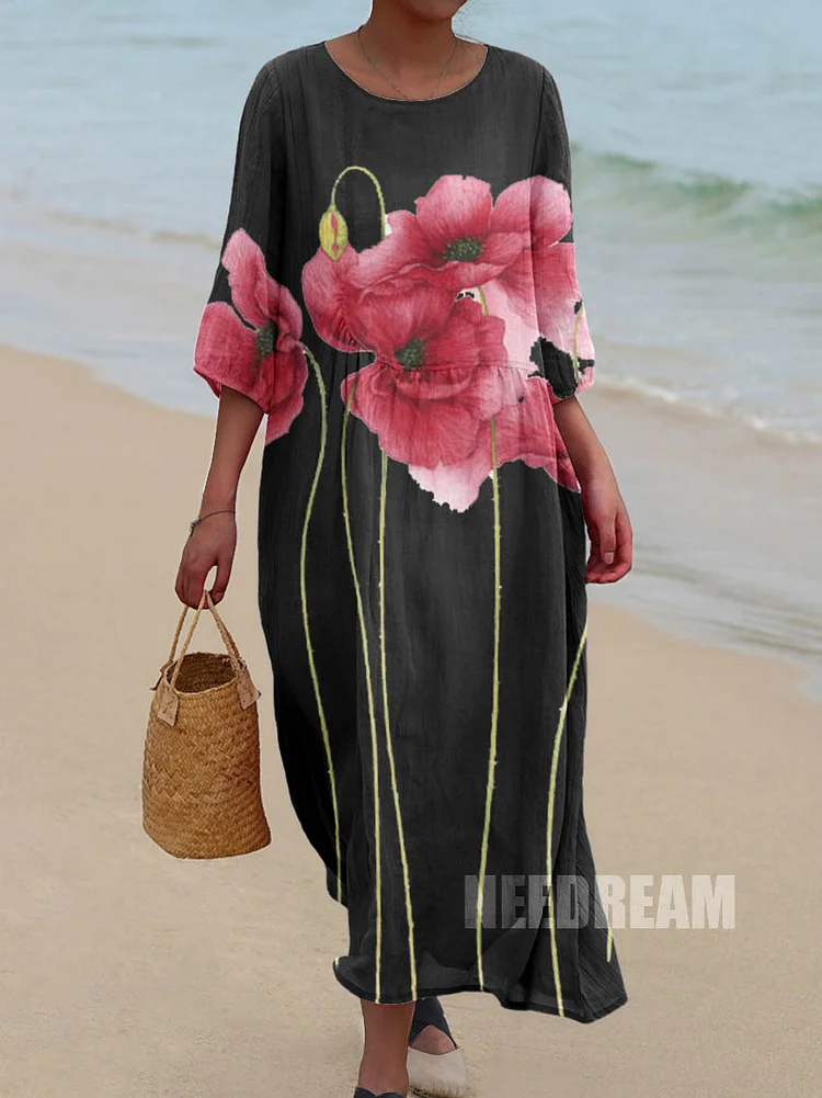 Womens Artistic Poppy  Flowers Pattern Pocket Cotton Dress
