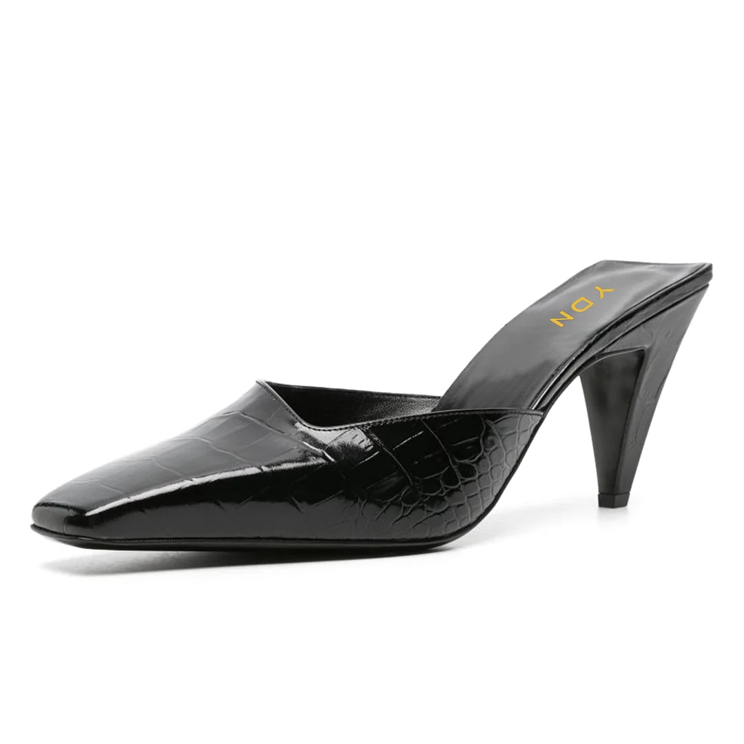 Black Square Toe Cone Heel Women's Mules Shoes with Croc Embossed