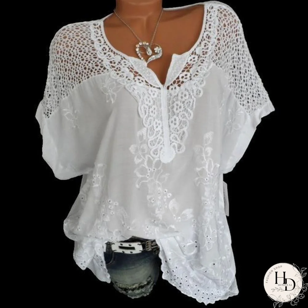 Large Size Women Short-sleeved Blouse V-neck Bat Sleeve Lace Blouse Tops