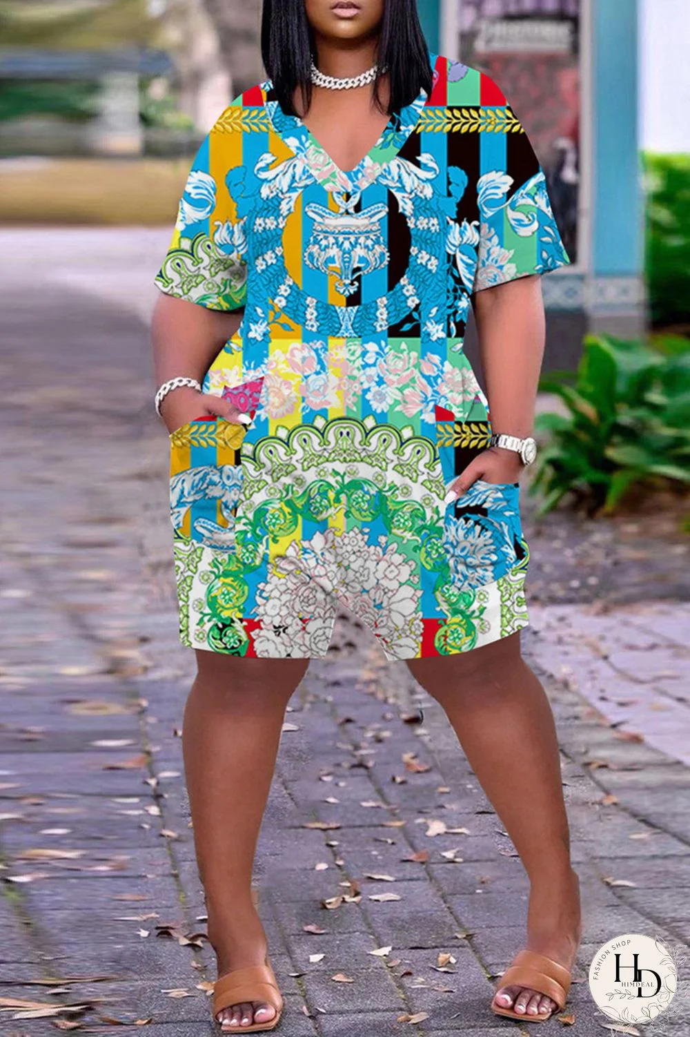 Red Fashion Casual Print Basic V Neck Loose Short Sleeve Romper