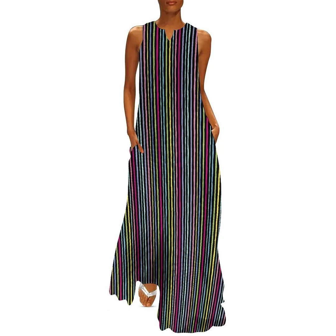 Style & Comfort for Mature Women Plus Size Printed Sleeveless Casual Women Maxi Dress with Pockets in Pattern Black, Striped, Colorful