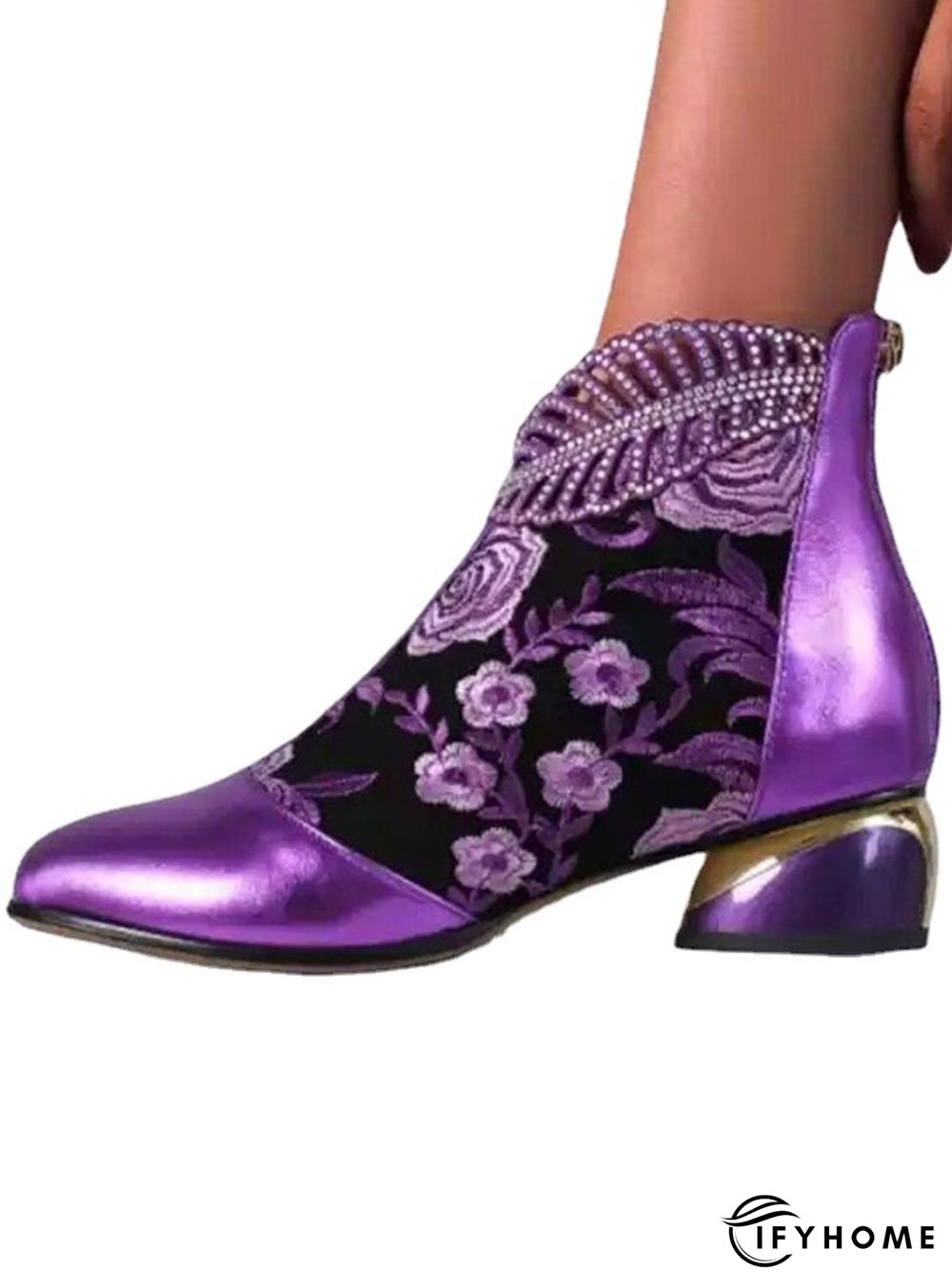 Retro Ethnic Embroidered Rhinestone Chunky Heel Zipper Boots | IFYHOME