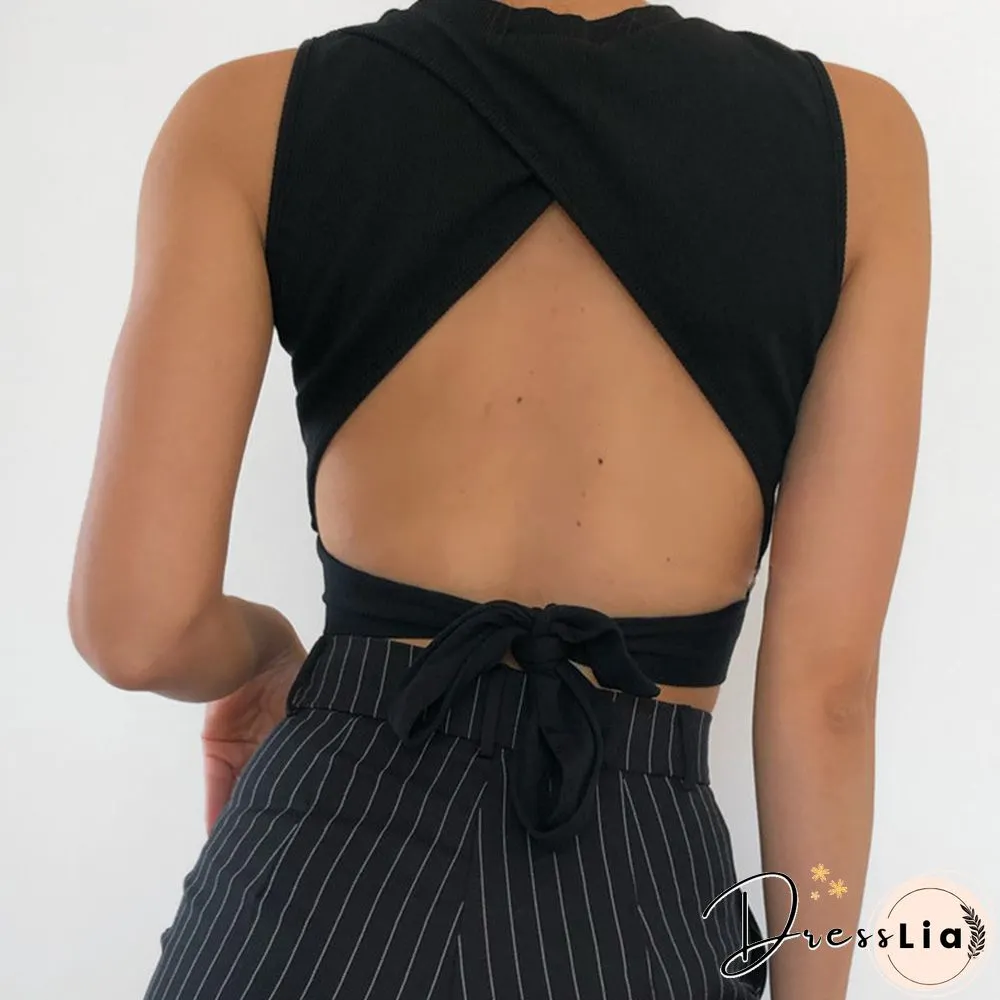 Sexy Backless Women Tank Top Bandage Slim Crop Top Summer Casual Streetwear Tops Solid Cotton Soft Criss Cross Top
