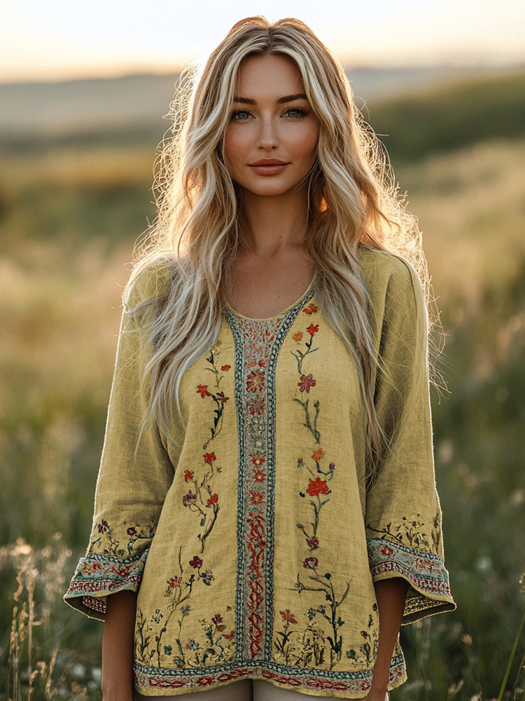 Retro Bohemian Floral Embroidery Art Graphics Linen Blend Loose Blouse wearshes