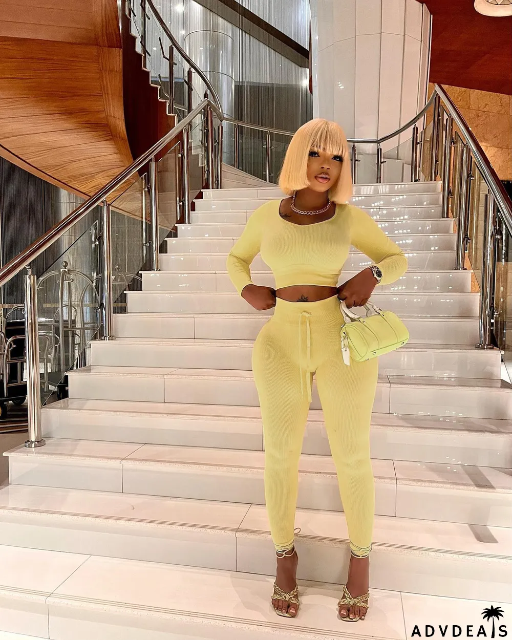 Solid Long Sleeve Crop Top And Pants 2 Piece Sets